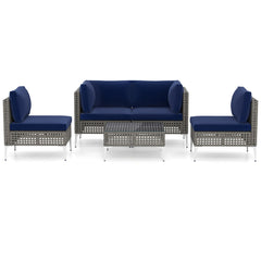 5 Piece Outdoor Furniture Set Patio Rattan Chairs with Tempered Glass Coffee Table-Navy