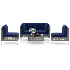 5 Piece Outdoor Furniture Set Patio Rattan Chairs with Tempered Glass Coffee Table-Navy
