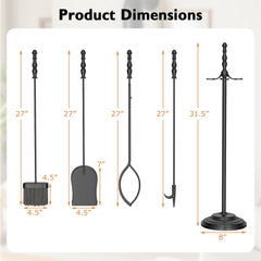 5-Pieces Fireplace Tool Set with Poker Tongs Brush Shovel and Round Stand