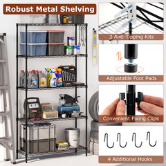 5-Tier Metal Storage Shelving Unit with V-Shaped Wire Rack and 1250 LBS Capacity-Black