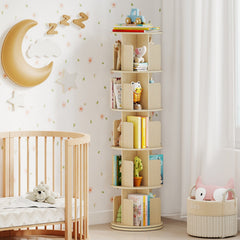 5-Tier Rotating Bookshelf 360° Display Rack with Dividers and Anti-falling Baffles