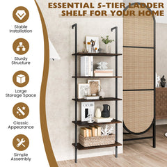 5 Tier Ladder Shelf Wall-Mounted Bookcase with Steel Frame-Brown