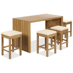 5 Piece Outdoor Bar Set with Acacia Wood Table and Cushioned Stools