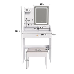 3 Color LED Vanity Mirror With Stool, 2 Drawers & 5 Storage Cabinets, Adjustable Lighting - White
