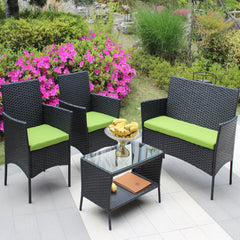 4 PC Rattan Patio Furniture Set Outdoor Cushioned Wicker Sofa Green Cushion
