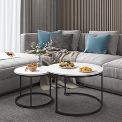 Nesting Coffee Table Set of 2, 27.6inch Round Wood Marble Pattern Top with Sturdy Metal Frame