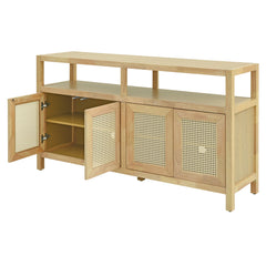 Bohemian Style Rattan Buffet Storage Cabinet with Solid Wood Frame