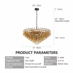 Modern Round 14-Light Black Chandelier with Smoke Glass Tubes
