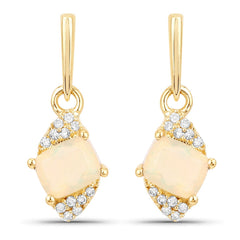 0.57 Carat Genuine Ethiopian Opal and White Diamond 14K Yellow Gold Earrings