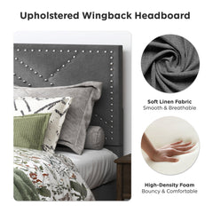Luxurious Queen Bed Frame & Upholstered Wingback Headboard in Carbon Gray