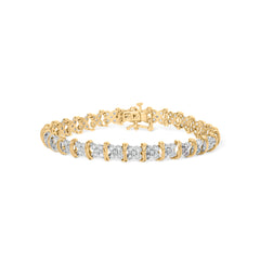 10K Yellow Gold Plated .925 Sterling Silver 2.0 Cttw Round Diamond Cluster "X" Shaped Link Bracelet (H-I Color, I3 Clarity) - 7"