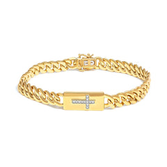 14K Yellow Gold Plated .925 Sterling Silver Diamond Accent Inlaid Cross Cuban Link Bracelet (I-J Color, I3 Clarity)- 7.25"