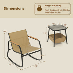3 Piece Rocking Bistro Chairs and Side Table Set with Storage Bag-Brown