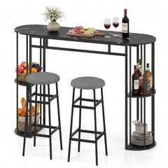 60 Inch Dining Table and 2 Upholstered Barstools with Faux Marble Tabletop