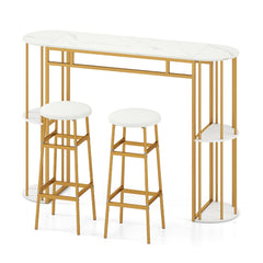 60 Inch Dining Table and 2 Upholstered Barstools with Faux Marble Tabletop