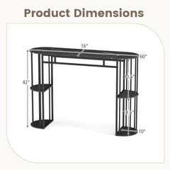 60 Inch Long Bar Table Narrow with Faux Marble Tabletop and Storage Shelves
