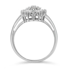 10K White Gold 1/2 Cttw Round & Baguette Cut Diamond Pear Shaped Domed Pavé Cluster with Halo Cocktail Ring (H-I Color, SI1-SI2 Clarity) - Size 5
