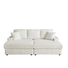 84-Inch Corduroy 3-Seater Sofa with Pillows and Ottomans
