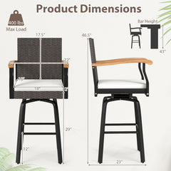 Set of 2 Outdoor 360° Swivel Bar Stool with Cushion and Acacia Wood Armrests