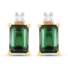 1.24 Carat Genuine Green Tourmaline and White Diamond 14K Yellow Gold Earrings
