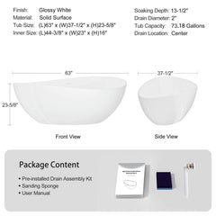 Nuvia 63-Inch Freestanding Glossy White Stone Resin Bathtub With Overflow And Drain (SAK42613)