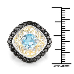 Two Tone Plated 2.85 Carat Genuine Swiss Blue Topaz and Black Spinel .925 Sterling Silver Ring