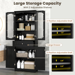 63 Inch Tall Bathroom Storage Cabinet with 2 Glass Doors and Adjustable Shelves Drawer