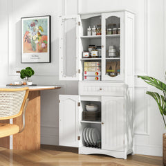 63 Inch Tall Bathroom Storage Cabinet with 2 Glass Doors and Adjustable Shelves Drawer