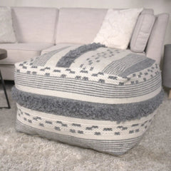 Karim Faux Yarn Large Accent Pouf in Ivory and Gray