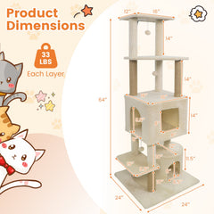 64 Inch Tall Cat Tree with 2 Large Condos and Jute Scratching Posts for Indoor Adult Cats