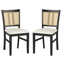 Farmhouse Rattan Dining Chair Set of 2 with Rubber Wood Legs and Cane Back-Beige