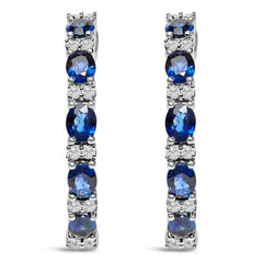 14K White Gold 4x3mm Oval Blue Sapphire and 1/4 Cttw Diamond Alternating Hoop Earring (I-J Color, SI2-I1 Clarity)