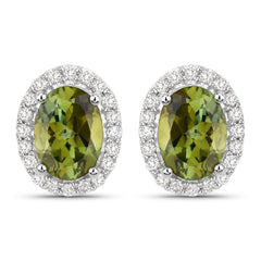 1.92 Carat Genuine Green Tourmaline and White Diamond 14K White Gold Earrings