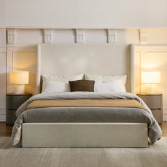 Caron Upholstered Wingback Bed with 52.3' High Headboard in Textured Ivory Canvas Chenille, King Size