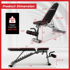 660 LBS Strength Training Bench with 10 Back and 3 Seat for Full Body Workout-Black
