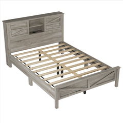 3-Pieces Bedroom Set Queen Size Farmhouse Platform Bed with Storage Headboard and Charging Station
