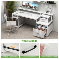 67 Inch Computer Desk with Monitor Stand & File Drawer-White