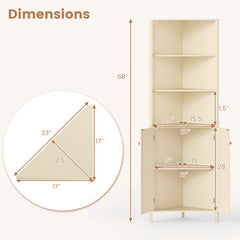 68 Inch Tall Corner Cabinet with 5 Shelves and 2 Fluted Doors for Bathroom-Beige