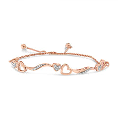 14K Rose Gold Plated .925 Sterling Silver 1/10 Cttw Diamond Wave and Hearts 4â€-10†Adjustable Bolo Bracelet (I-J Color, I3 Clarity)