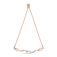 14K Rose Gold Plated .925 Sterling Silver 1/10 Cttw Diamond Wave and Hearts 4â€-10†Adjustable Bolo Bracelet (I-J Color, I3 Clarity)