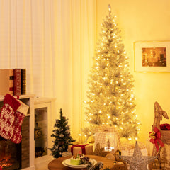 6/7 FT Pre-Lit Artificial Silver Tinsel Xmas Tree with 790 Branch Tips and 300 LED Lights