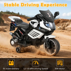 6V Kids Motorcycle with Headlights Music and Detachable Training Wheels