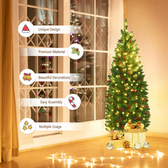 4.5 Feet Pre-lit Hinged Pencil Christmas Tree with Pine Cones Red Berries and 150 Lights
