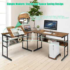 L-Shaped Computer Desk with Tiltable Tabletop