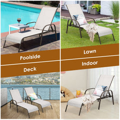 2 Pcs Outdoor Patio Lounge Chair Chaise Fabric with Adjustable Reclining Armrest-Gray