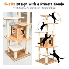 7-Layer Wooden Cat Tree Tall Cat Tower with Sisal Posts and Condo-Natural
