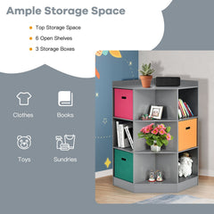 3-Tier Kids Storage Shelf Corner Cabinet with 3 Baskets-Gray