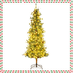 6/7/8 Feet Artificial Christmas Tree Pre-lit Hinged Xmas Tree with Warm White LED Lights and Pine Cones