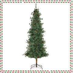 6/7/8 Feet Artificial Christmas Tree Pre-lit Hinged Xmas Tree with Warm White LED Lights and Pine Cones