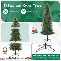 6/7/8 Feet Artificial Christmas Tree Pre-lit Hinged Xmas Tree with Warm White LED Lights and Pine Cones